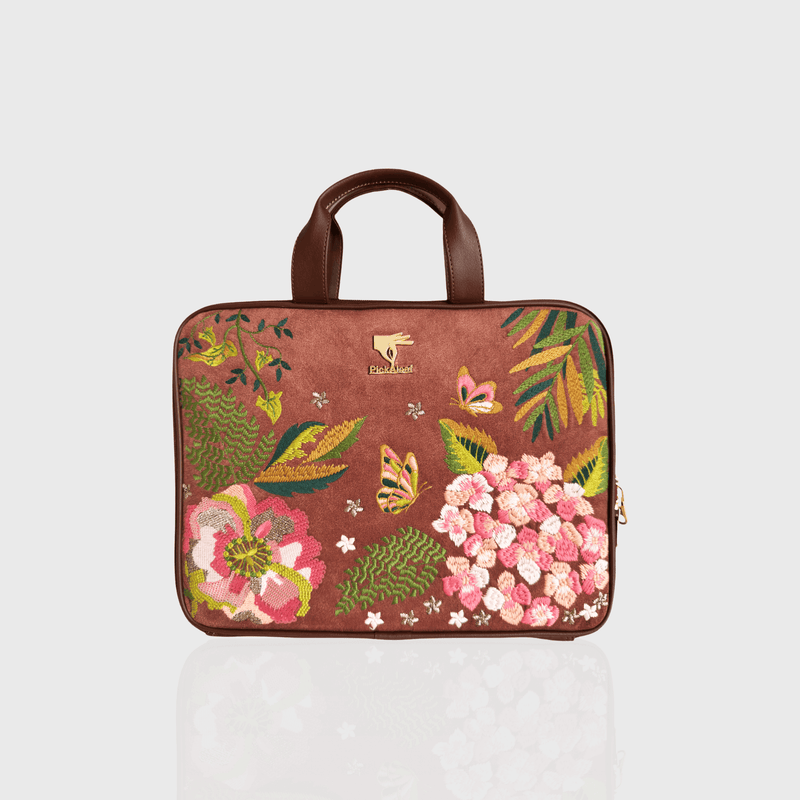 Brown Blossom Wood embroidered laptop sleeve.