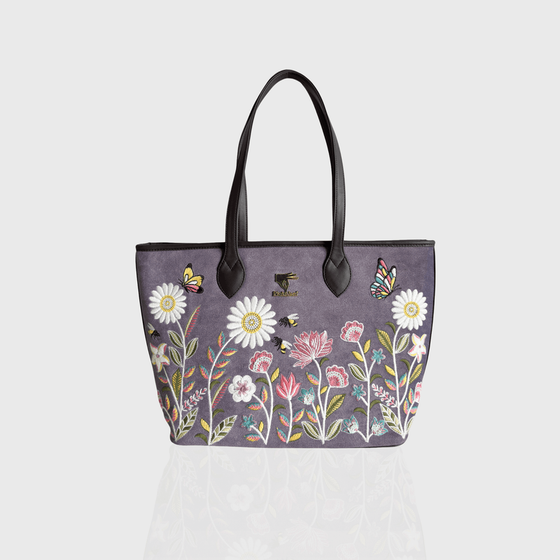 Purple Daisy Dream embroidered tote bag for casual use.
