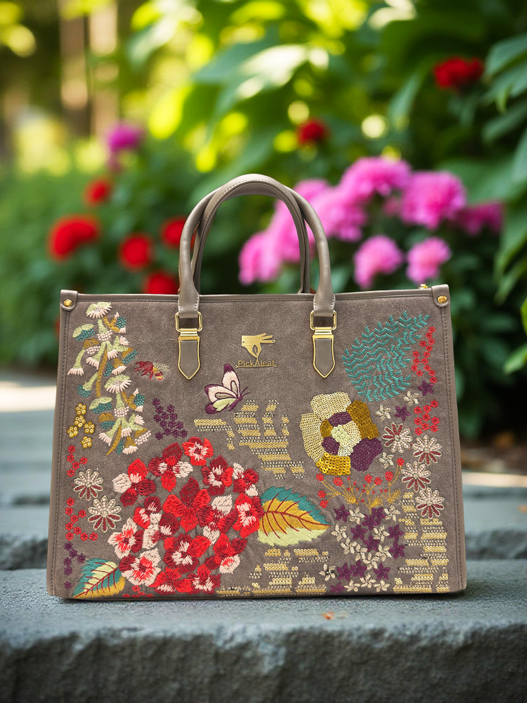 Gray Embroidery Garden Grey Shoulder Bag