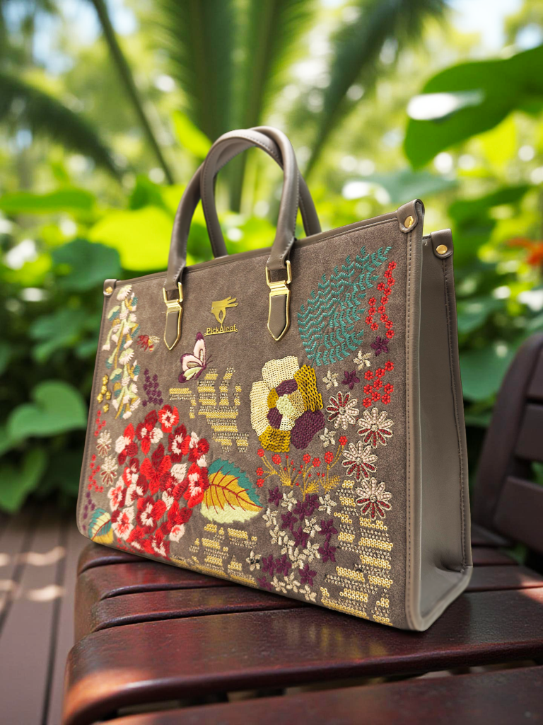 Gray Embroidery Garden Grey Shoulder Bag