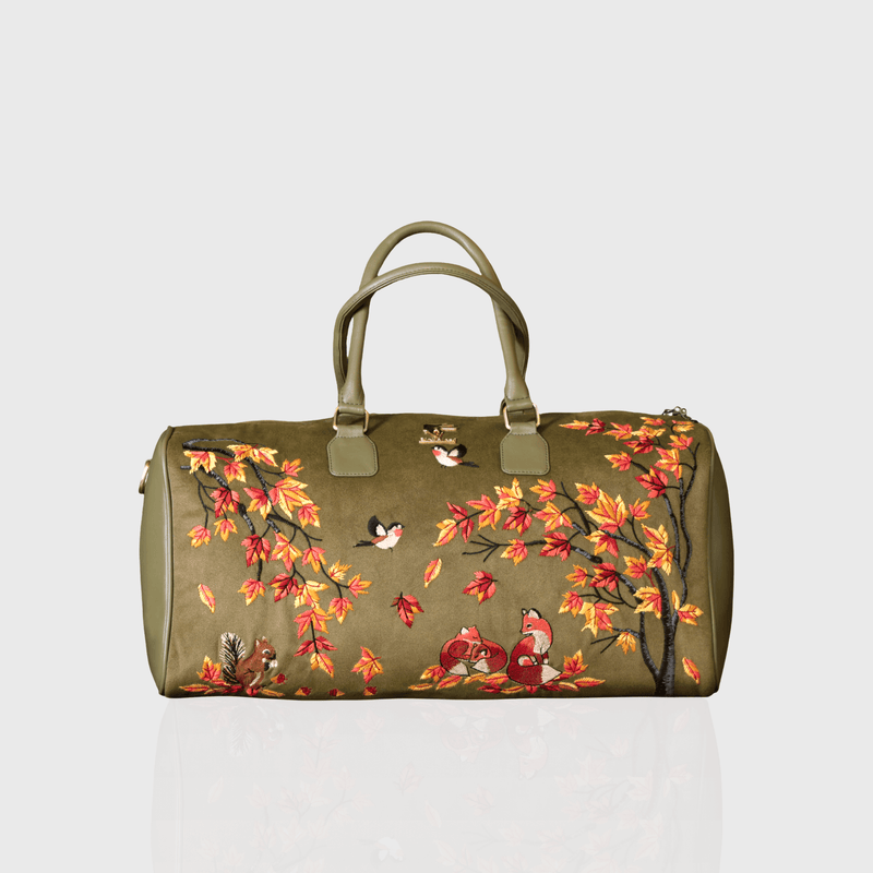 Olive green Autumn Whisper embroidered duffel bag.