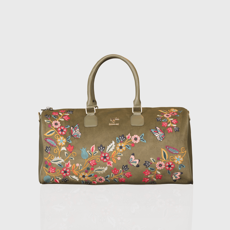 Olive green Waves embroidered duffel bag.