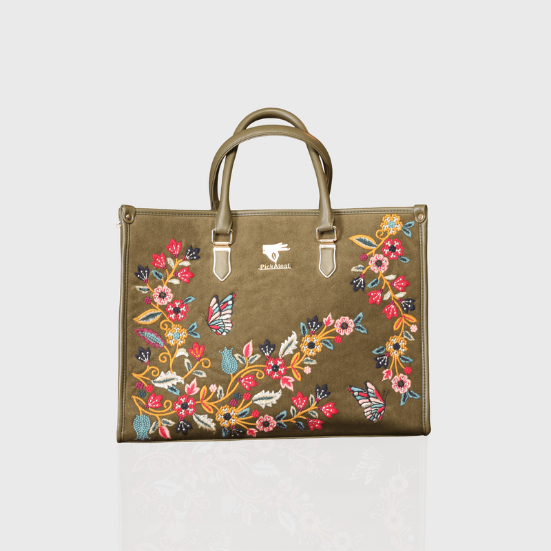 Olive green Waves embroidered shoulder bag.