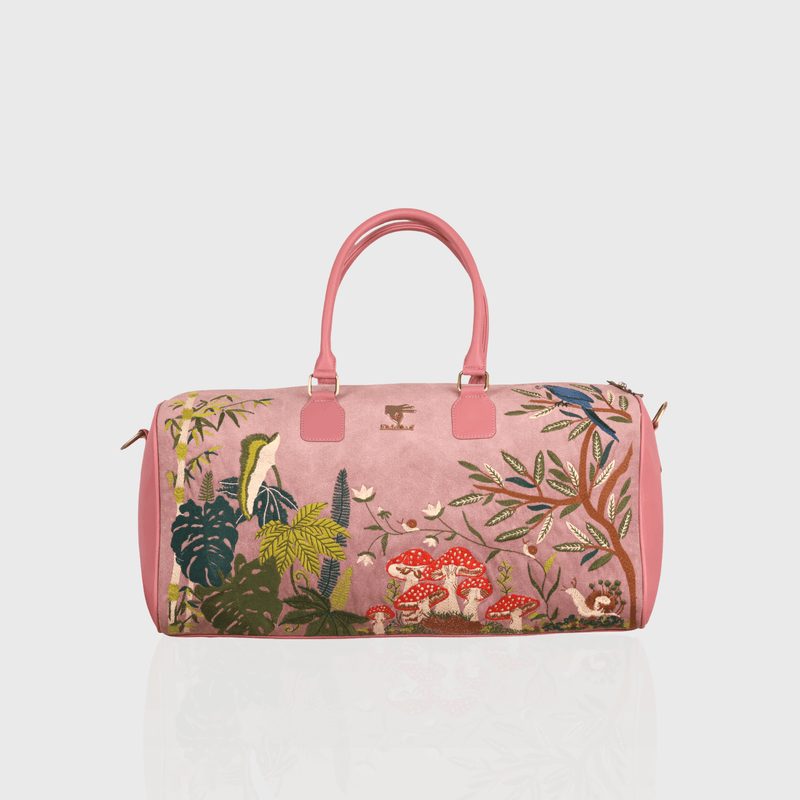 Pink Paradise embroidered duffel bag.