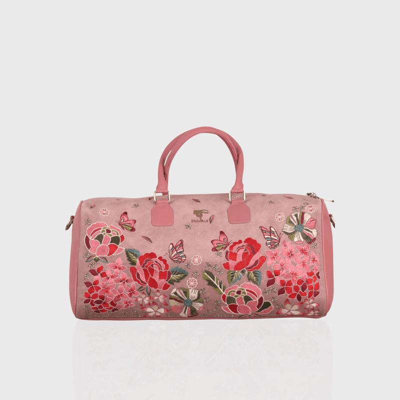 Pink Petal Eden embroidered duffel bag.