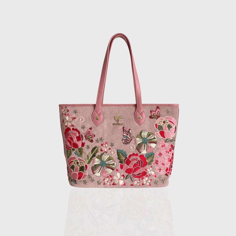 Pink vegan leather tote bag with Petal Eden floral embroidery