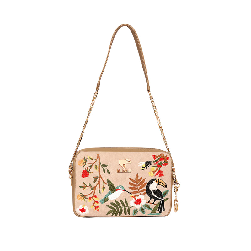 Beige designer embroidered crossbody bag for women in vegan leather by PickAleaf for daily use, travel and outings