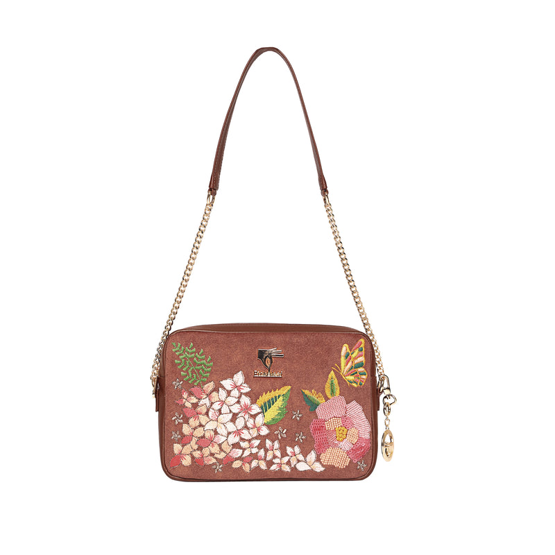 Brown Floral Vegan Embroidered Leather Crossbody Bag | Blossom Wood Collection
