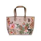 Mystic Garden Tote Bag by PickALeaf in beige, with brown handles and tropical toucan, hummingbird, butterfly, floral and leaf embroidery.