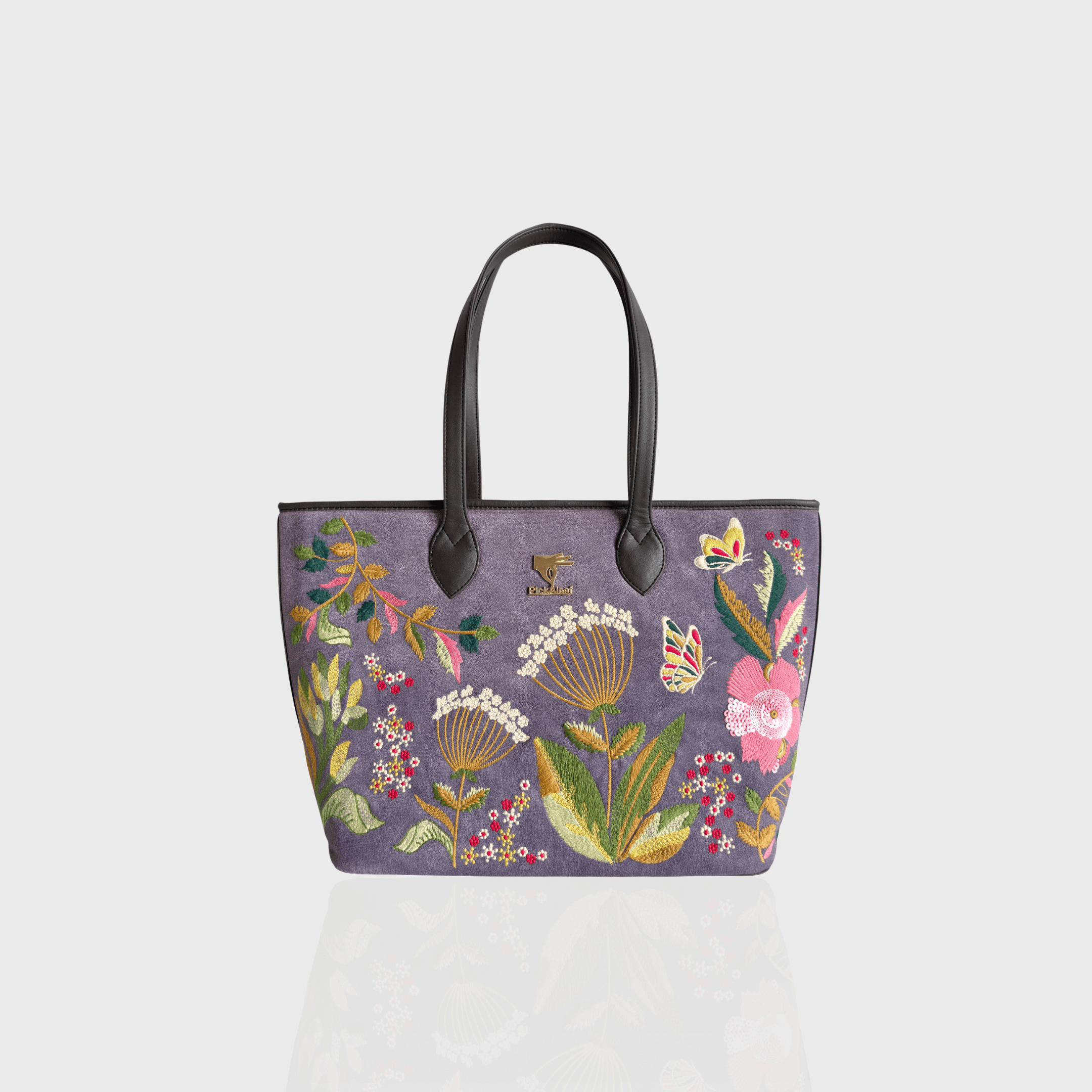 Purple floral vegan leather tote with Violet Valley embroidery