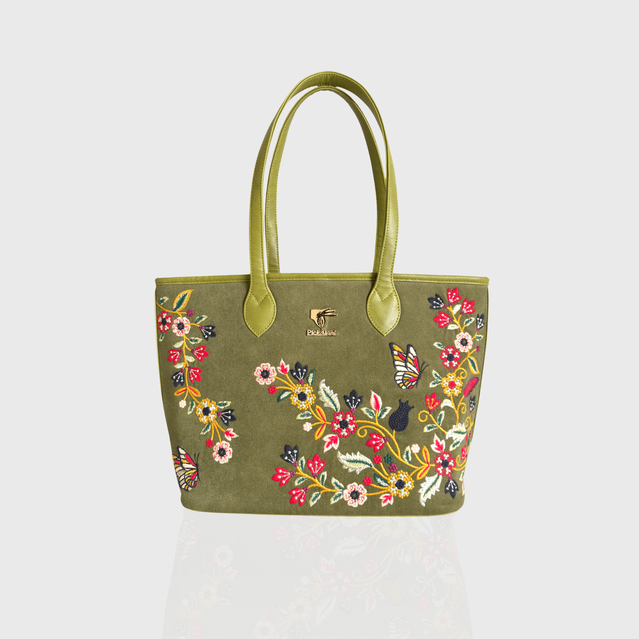 Olive green Waves embroidered tote bag for work and travel.
