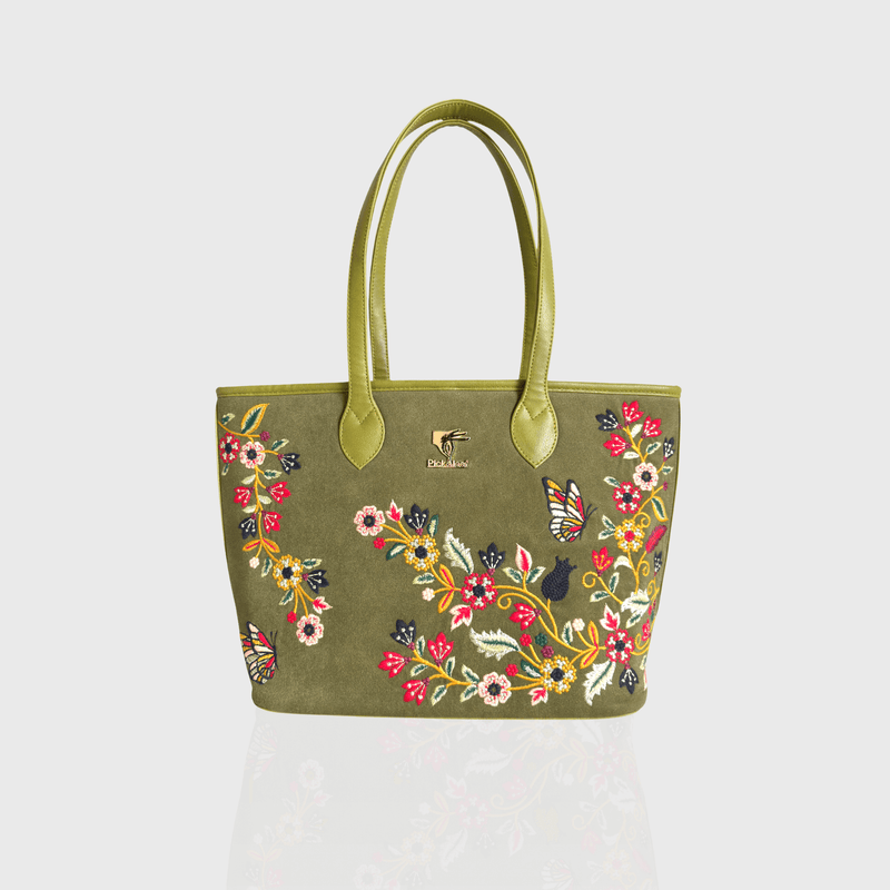 Olive green Waves embroidered tote bag for work and travel.