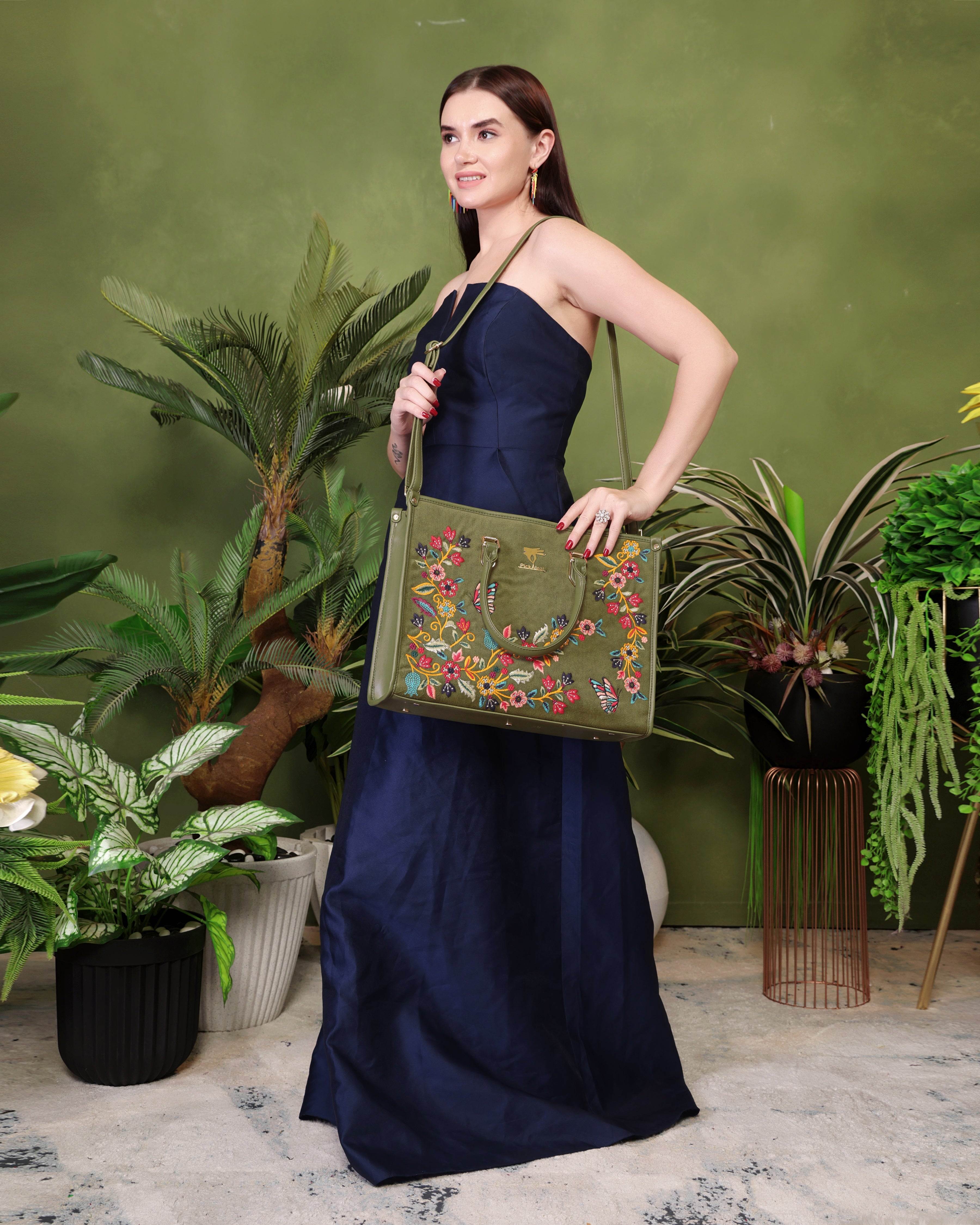 Olive green embroidered daily tote bag for women in cruelty free vegan leather by PickAleaf with laptop space and organized compartments