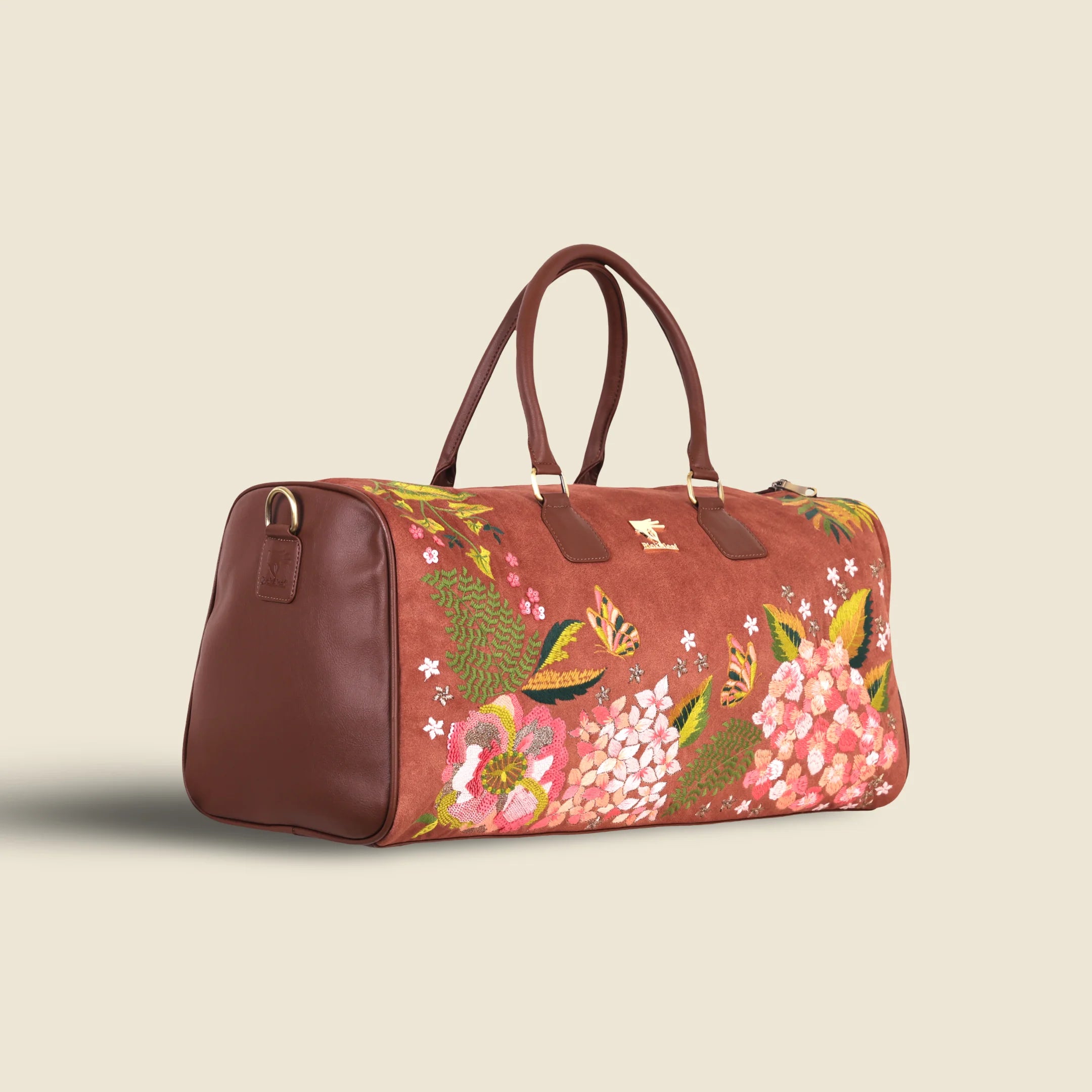 Brown Embroidery Blossom Wood Duffel Bag