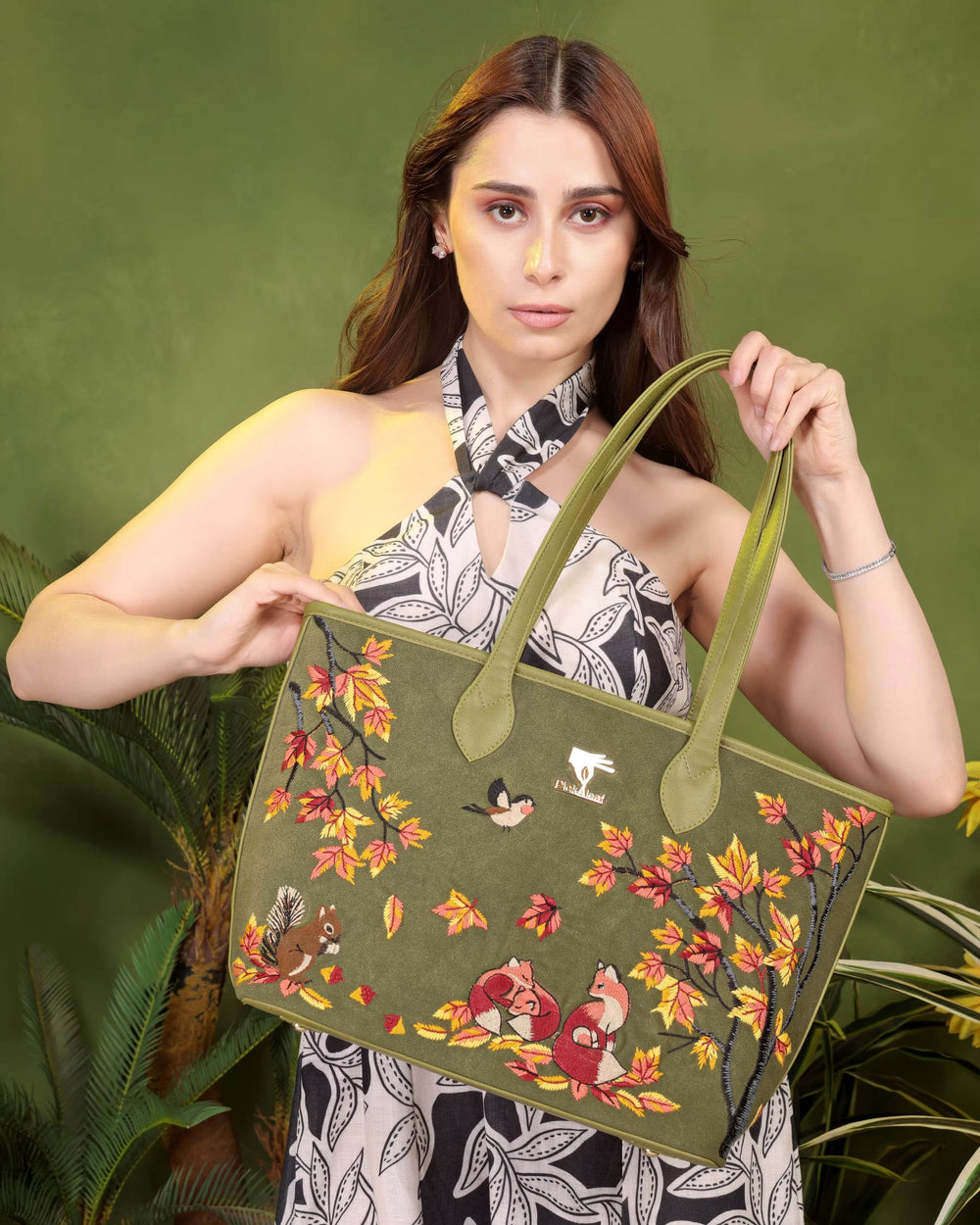 Olive green designer embroidered tote bag for women in vegan leather by PickAleaf for daily use, travel and shopping