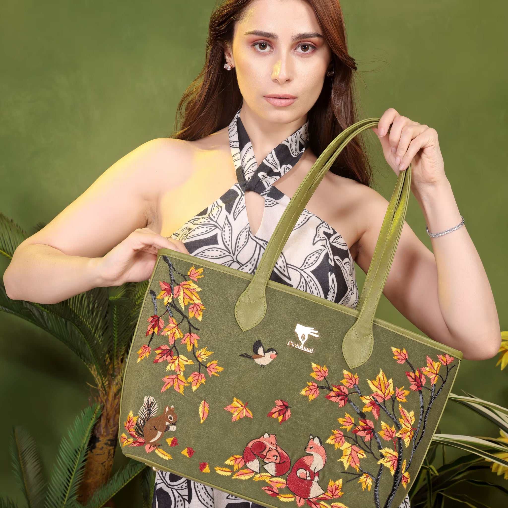 Olive Green Embroidery Autumn Whisper Tote Bag | Work, Travel & Office