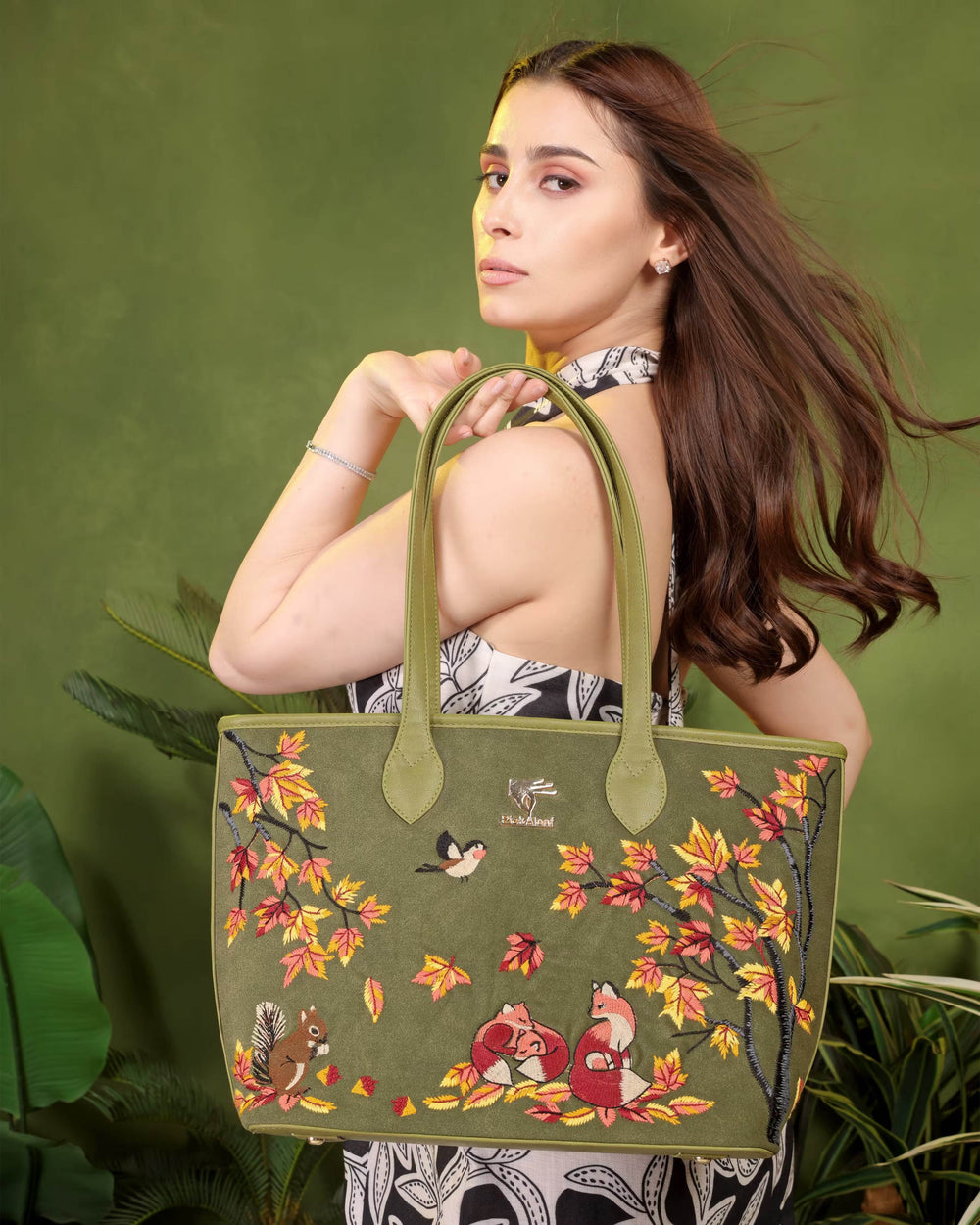 Olive green designer embroidered tote bag for women in vegan leather by PickAleaf for daily use, travel and shopping