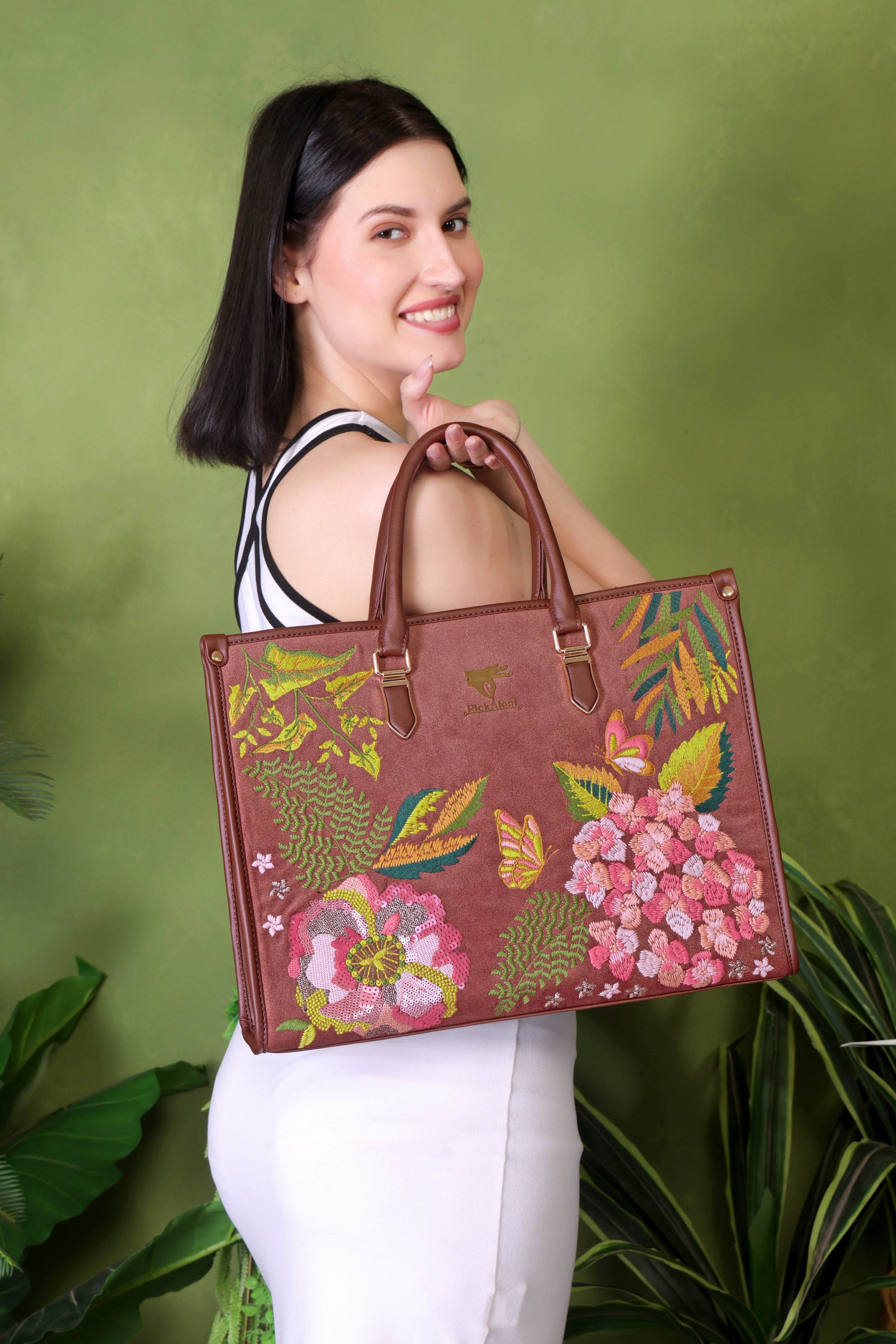 Brown embroidered large tote bag for women in cruelty free vegan leather by PickAleaf with laptop space and compartments for daily use