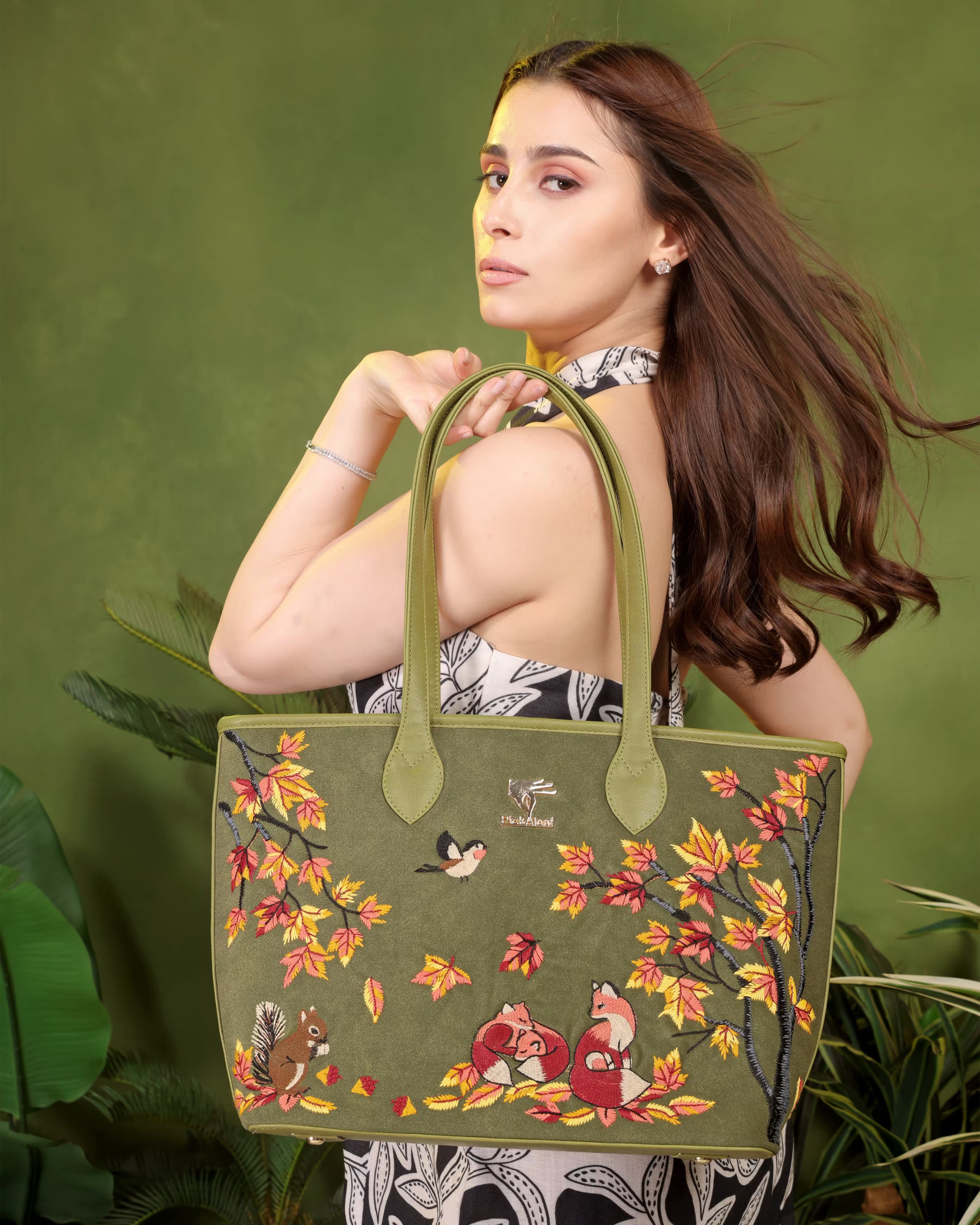 Olive Green Embroidery Autumn Whisper Tote Bag | Work, Travel & Office