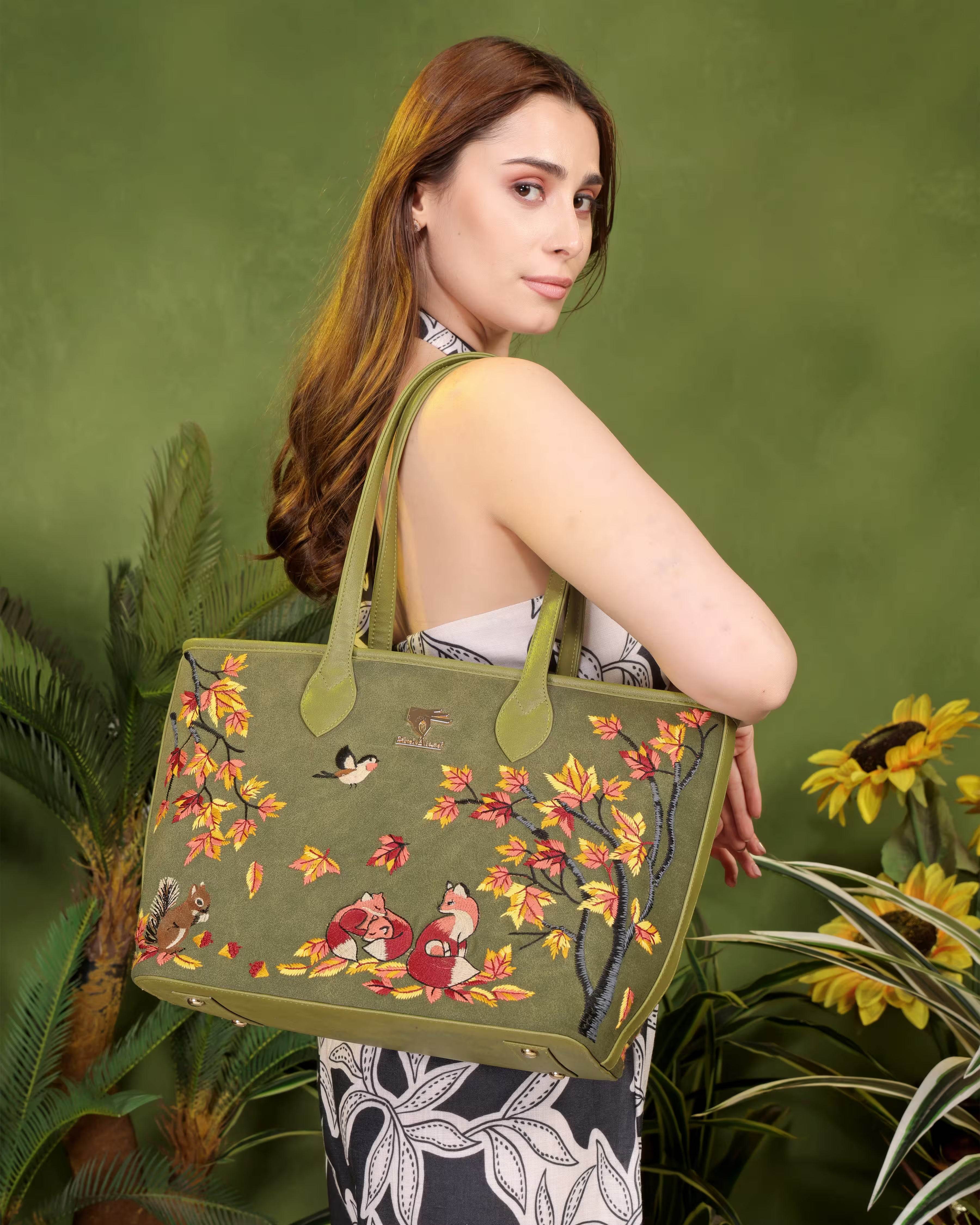 Olive green designer embroidered tote bag for women in vegan leather by PickAleaf for daily use, travel and shopping