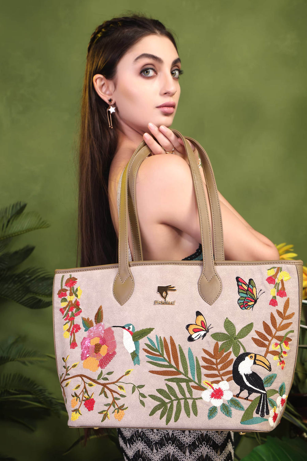 Beige embroidered large tote bag for women in vegan leather by PickAleaf with spacious design for travel, shopping and daily use