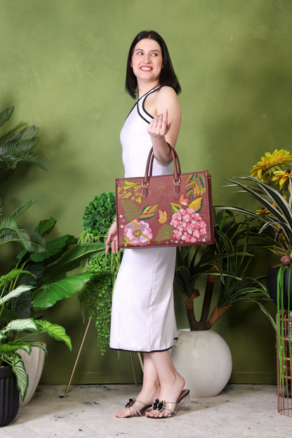Brown Embroidery Blossom Wood Shoulder Bag