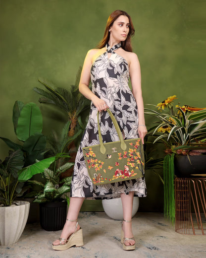 Olive Green Embroidery Autumn Whisper Tote Bag | Work, Travel & Office
