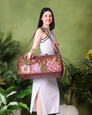 Brown travel luggage duffel bag for women in cruelty free vegan leather by PickAleaf for cabin travel and weekend trips