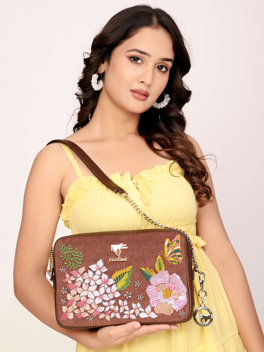 Brown embroidered floral crossbody bag for women in vegan leather by PickAleaf for daily use, travel and casual outings