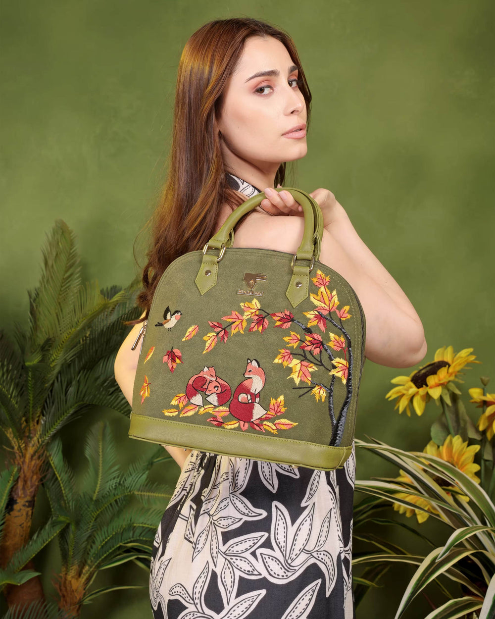 Olive green embroidered evening handbag for women in vegan leather by PickAleaf, cruelty free for parties and special occasions