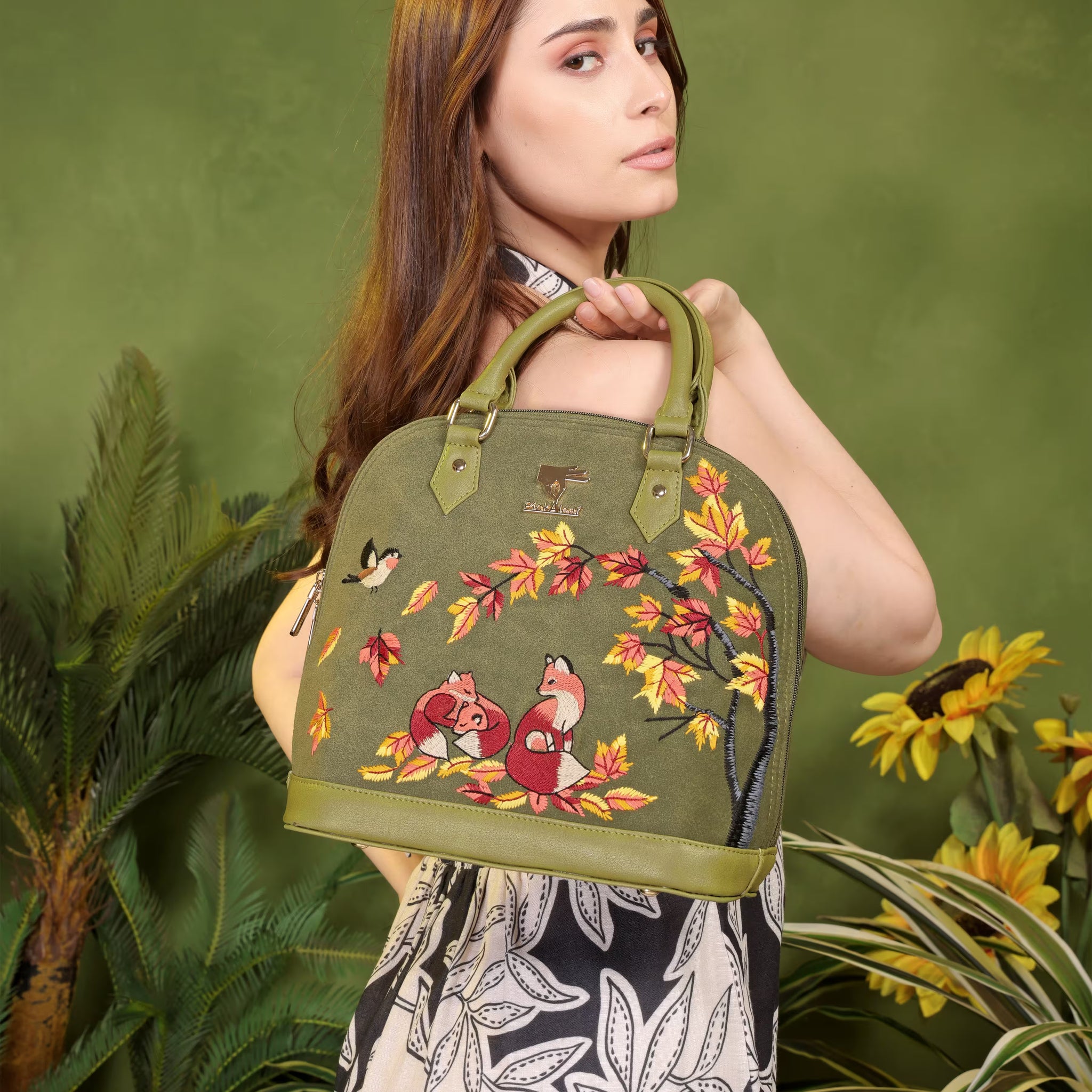 Olive Green Embroidery Autumn Whisper Hand Bag