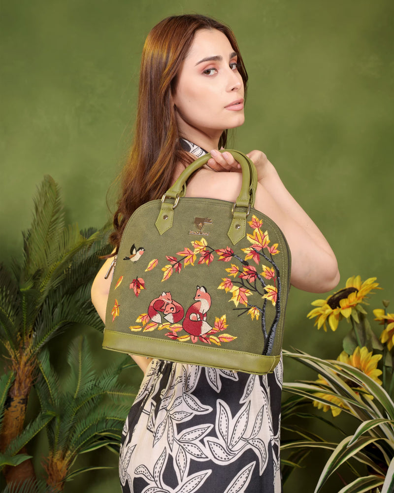 Olive green Autumn Whisper embroidered handbag.