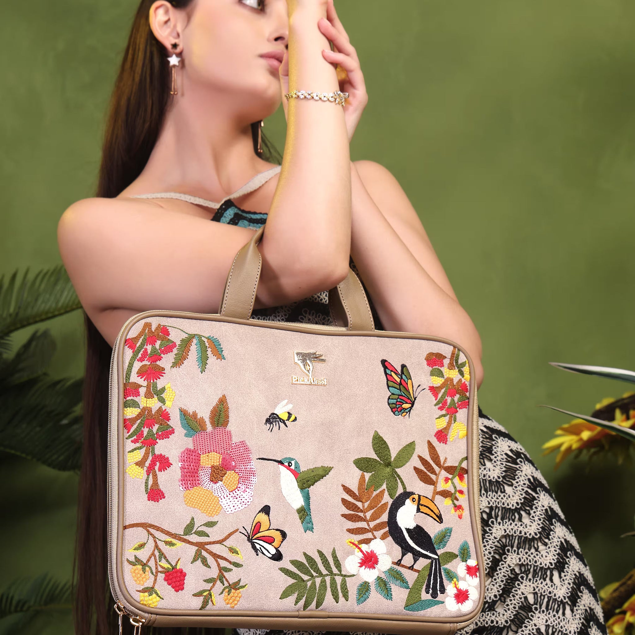 Beige Embroidered Suede Velvet Laptop Sleeve