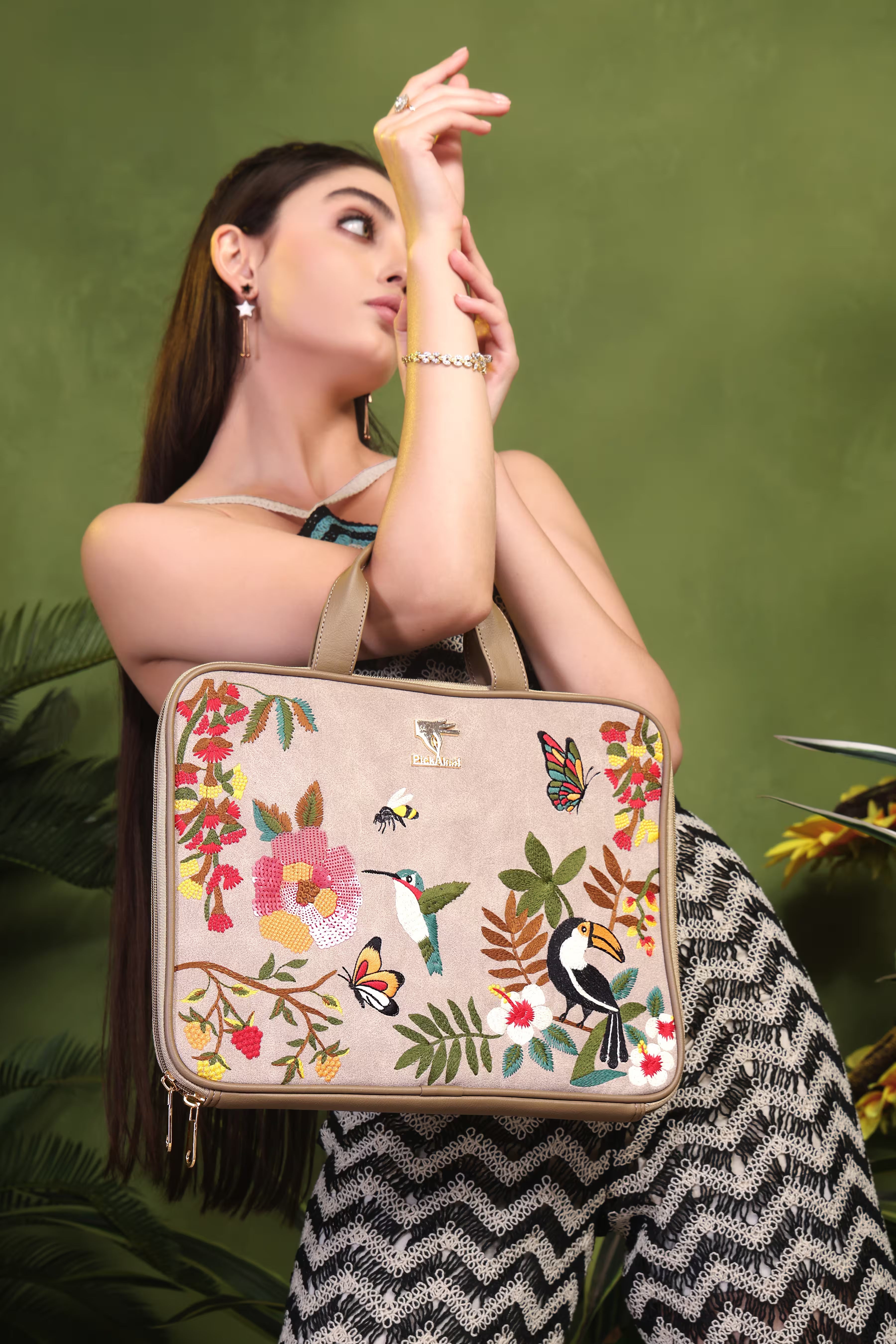 Beige Embroidered Suede Velvet Laptop Sleeve