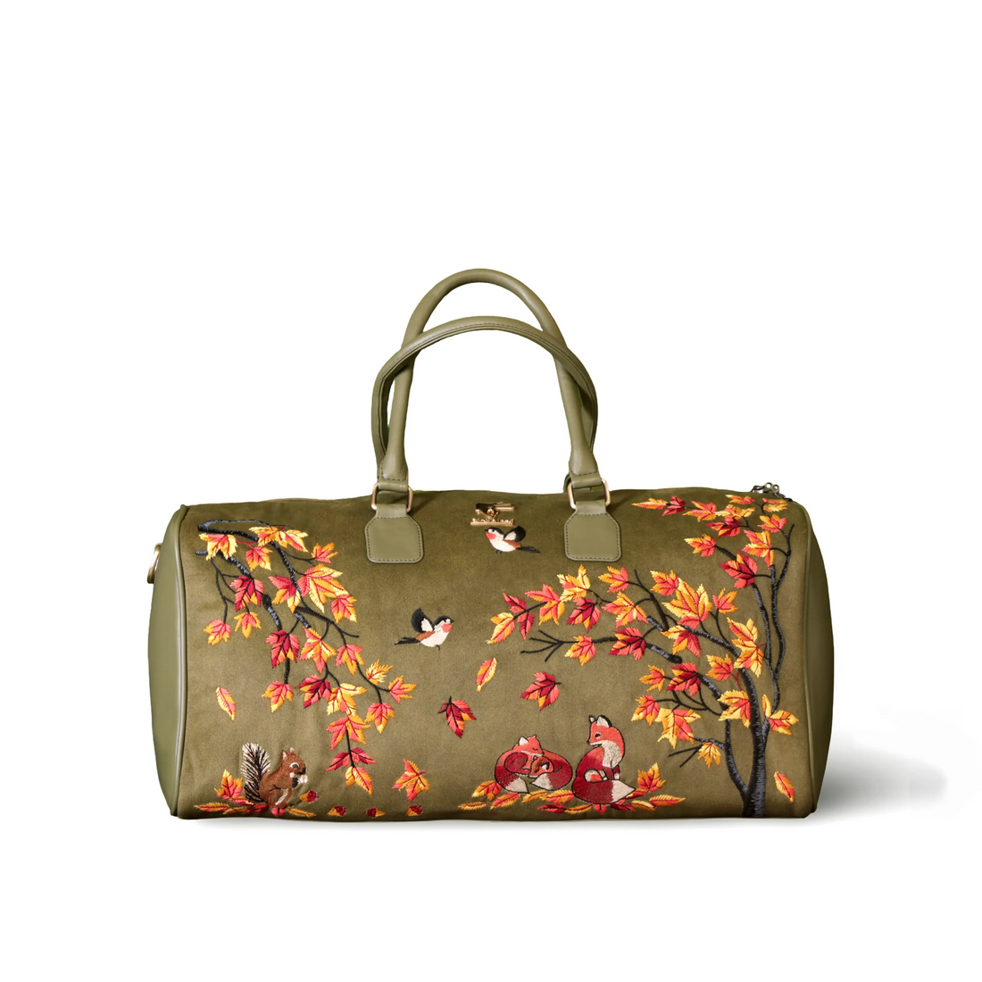 Olive green large travel duffel bag for women in cruelty free vegan leather by PickAleaf for weekend and cabin travel use