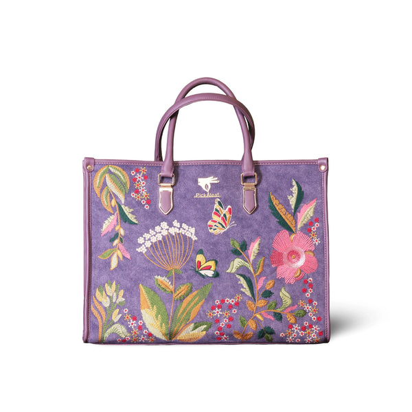 Embroidered Women Tote Bag in Vegan Leather | Purple | PickAleaf