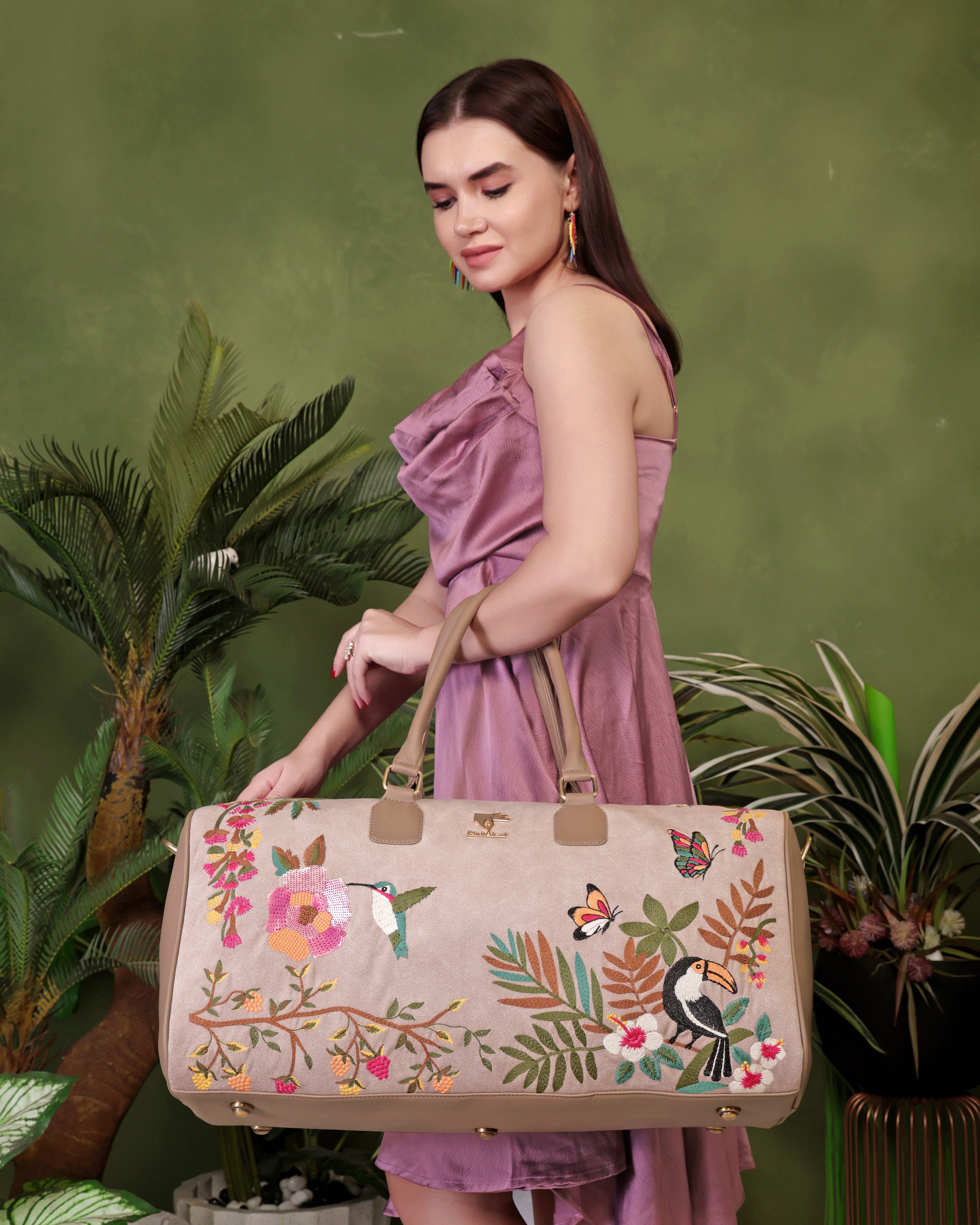 Beige Embroidery Mystic Garden Duffel Bag