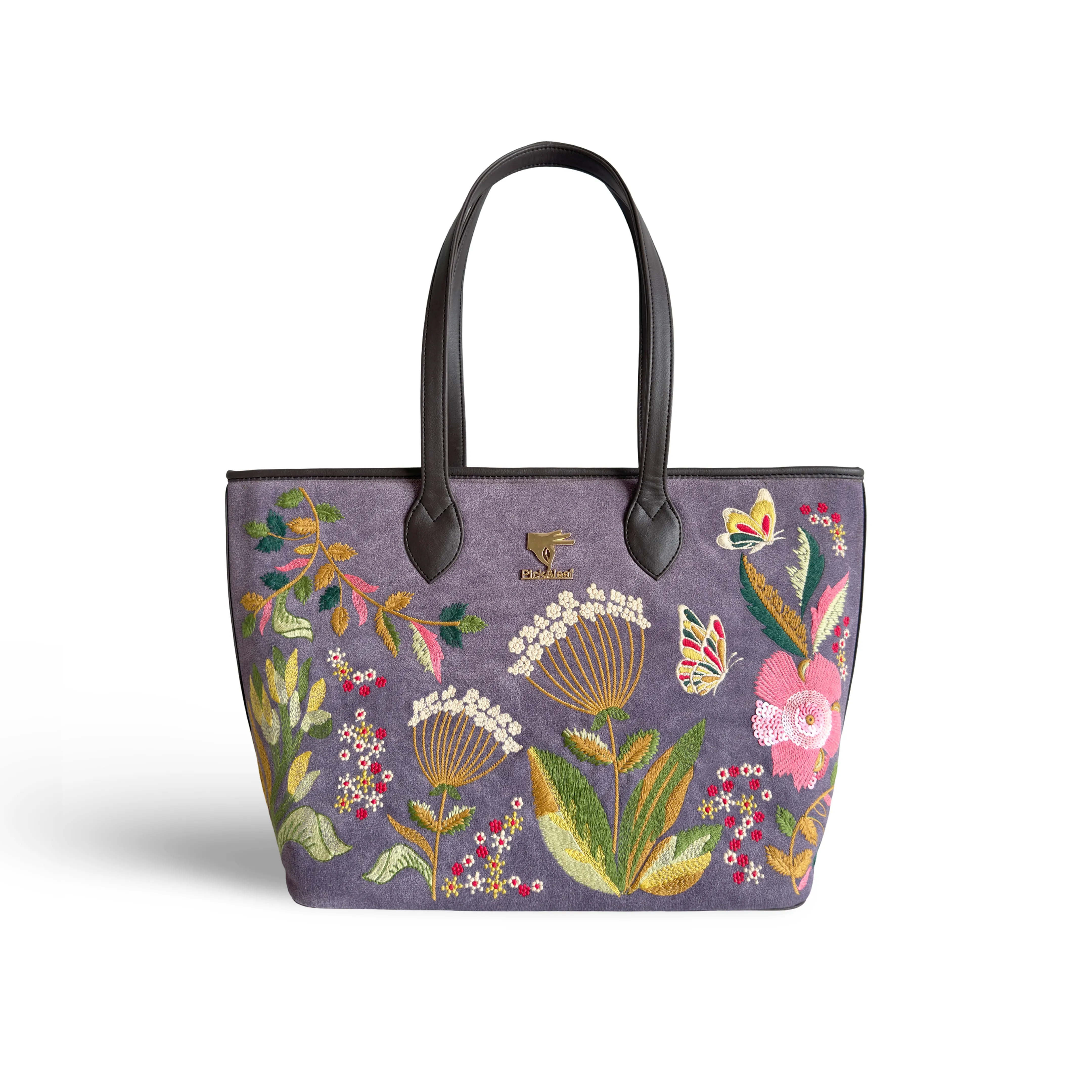 Purple embroidered tote bag for women in vegan leather by PickAleaf for daily use, travel, occasions and gifting