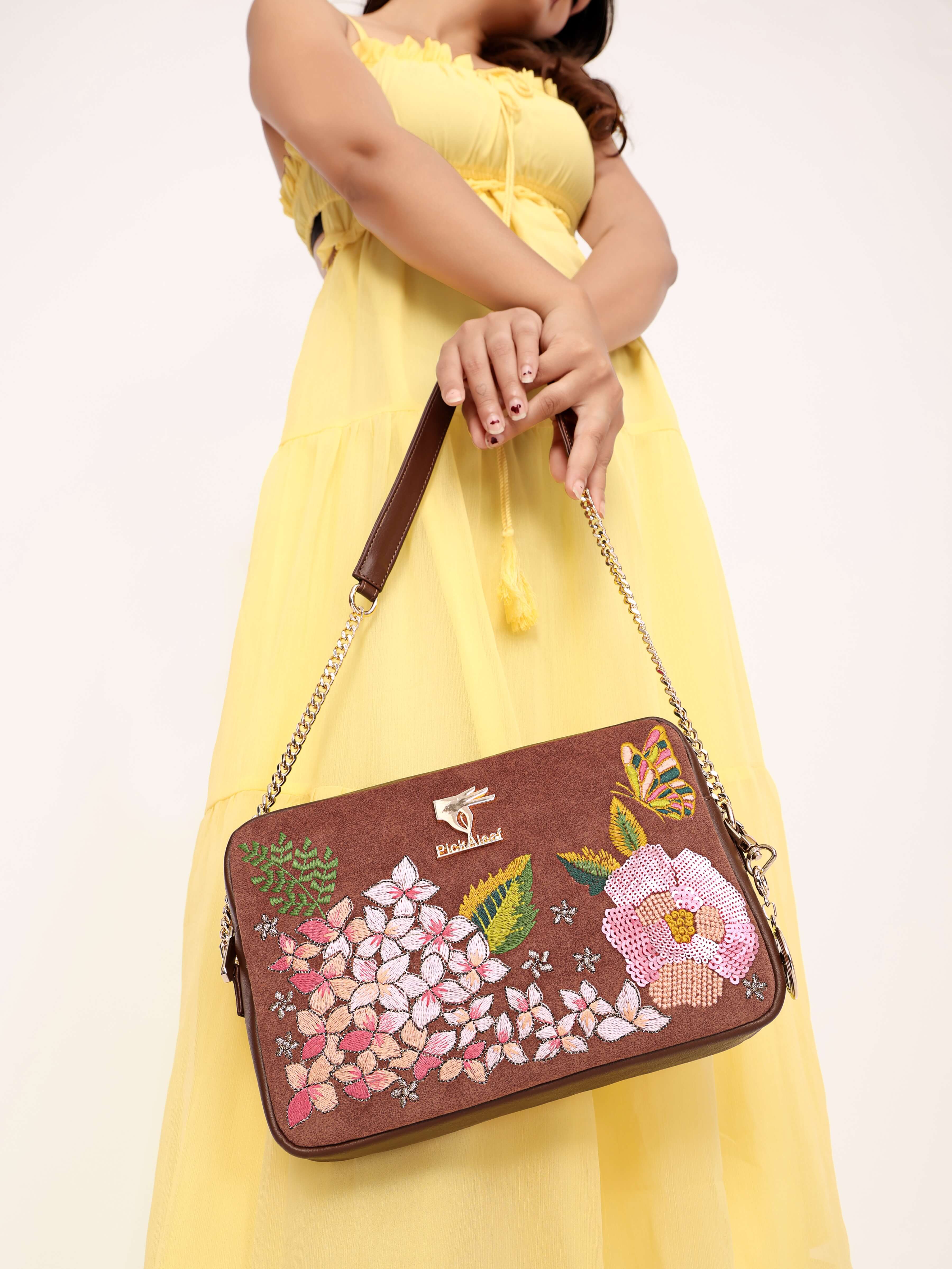Brown floral vegan leather crossbody bag with Blossom Wood embroidery