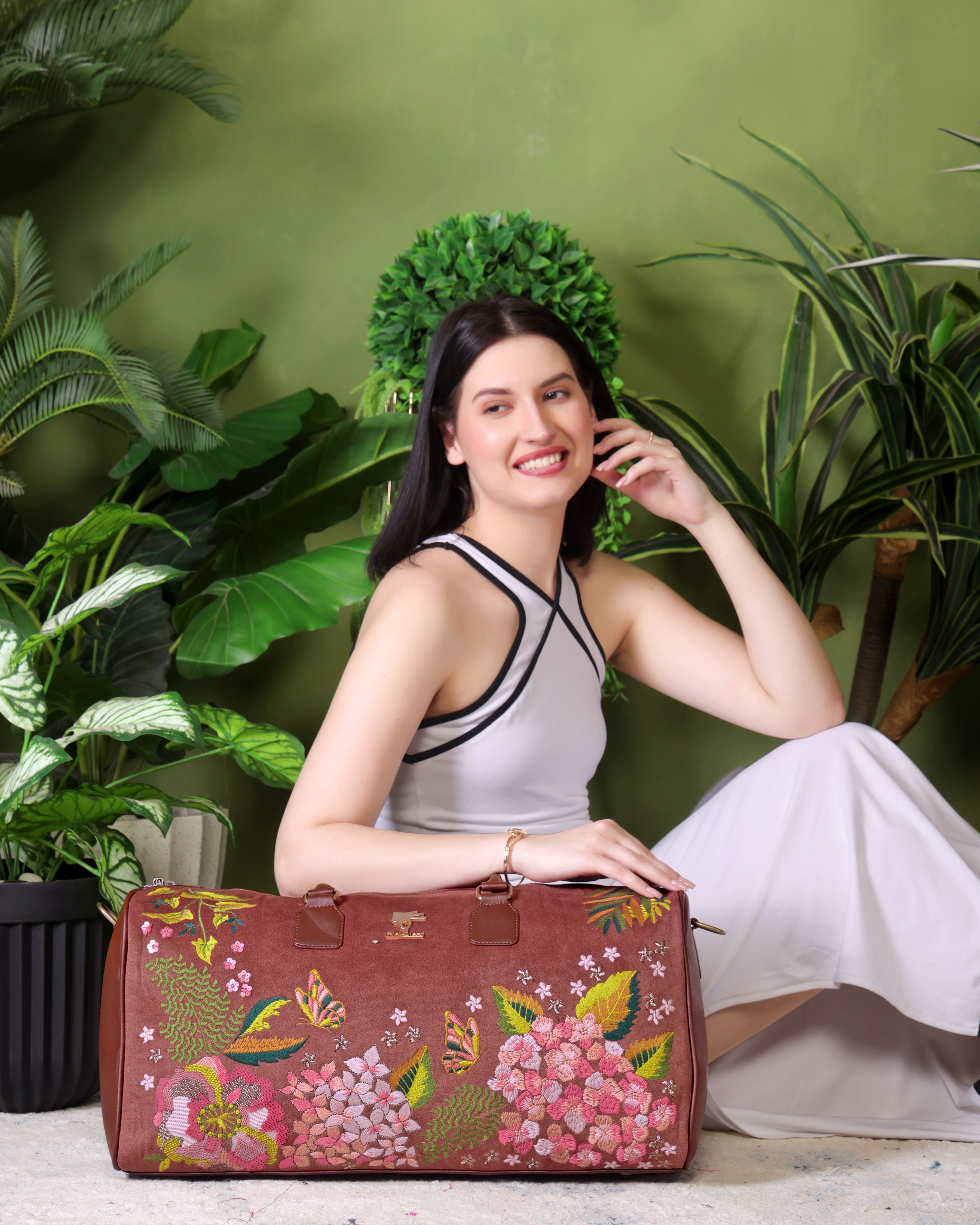 Brown Embroidery Blossom Wood Duffel Bag