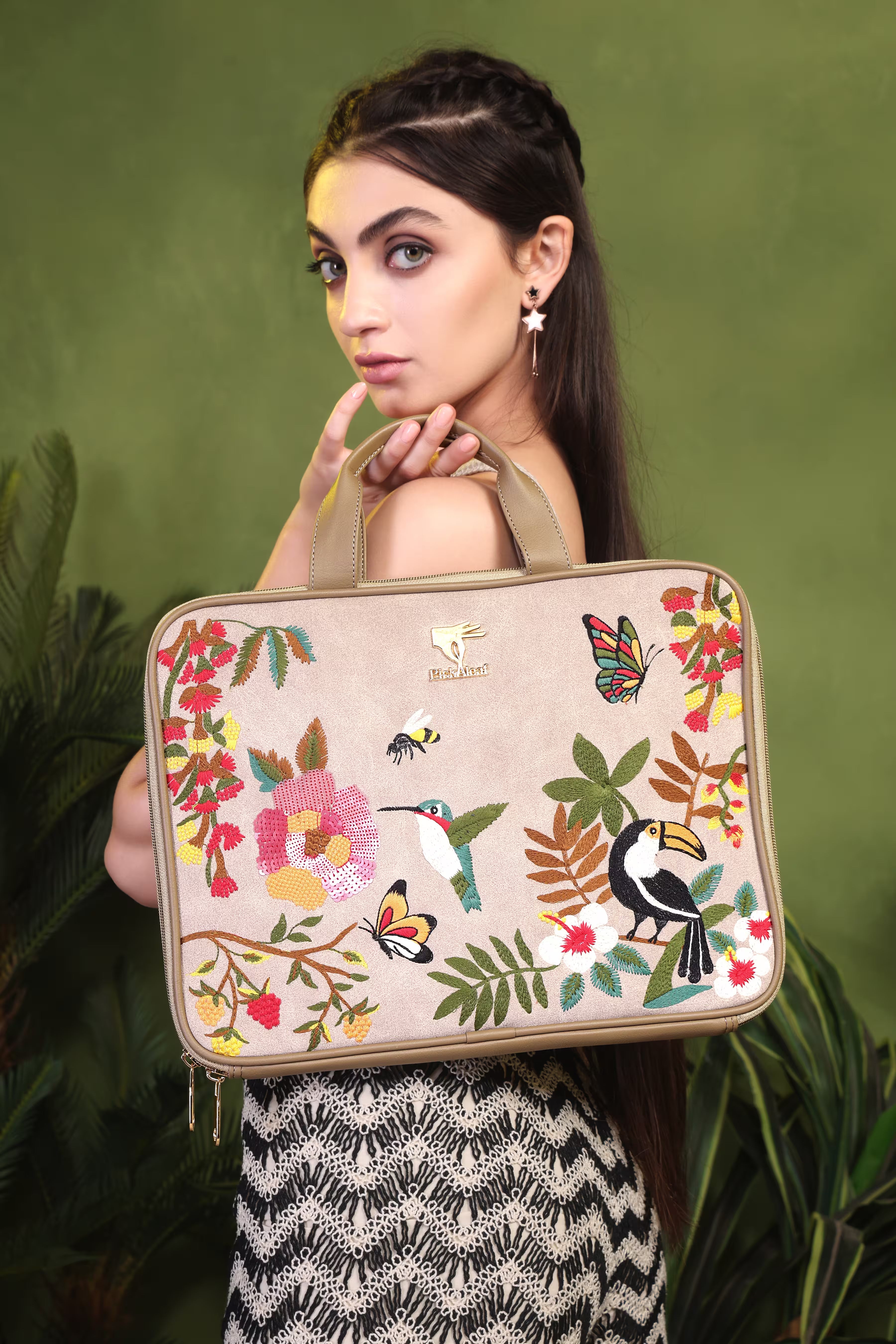 Beige Embroidered Suede Velvet Laptop Sleeve