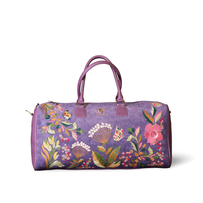 Purple Floral Embroidered Vegan Leather Travel Duffel | Violet Valley Collection