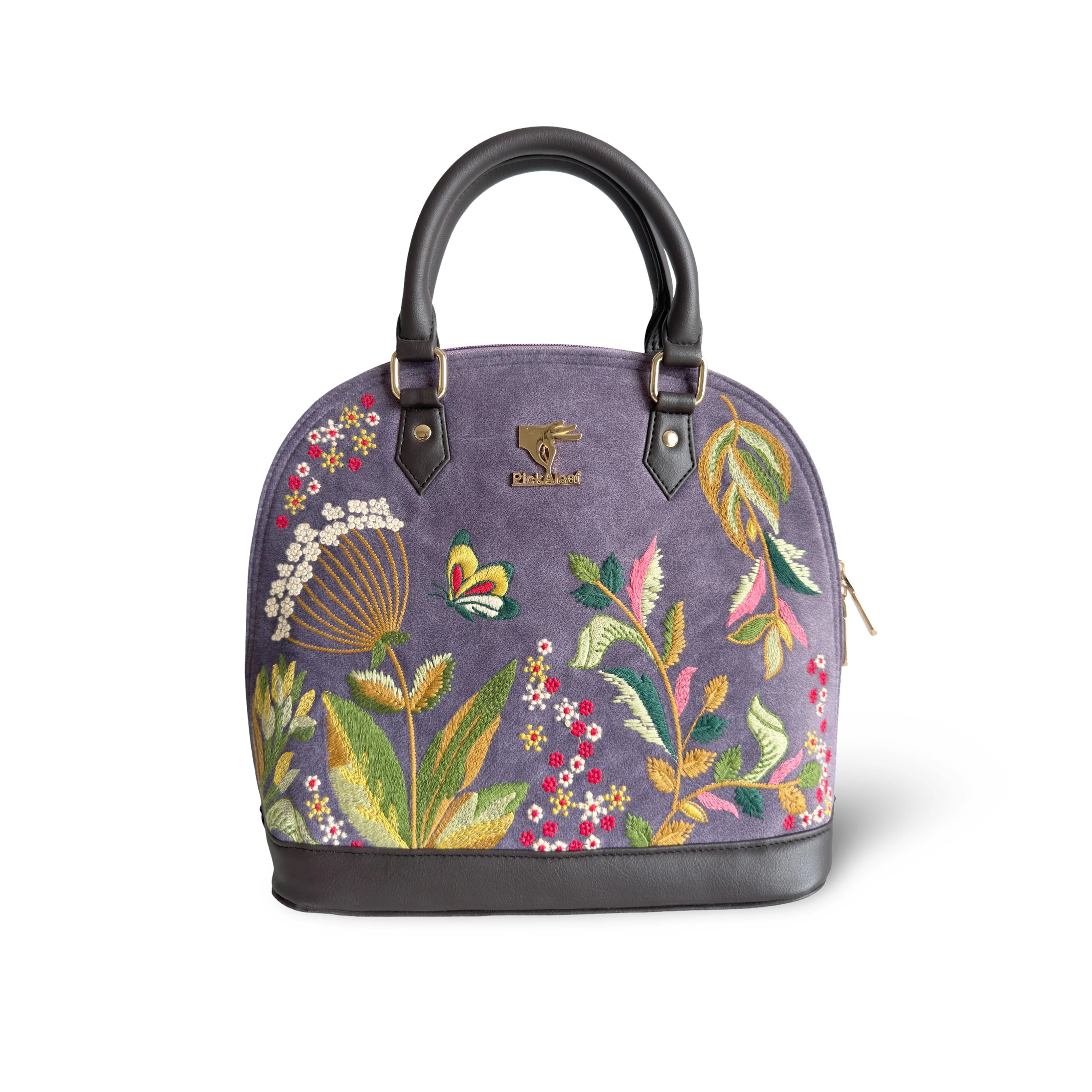 Purple embroidered top handle bag for women in vegan leather by PickAleaf, cruelty free with floral design for weddings and parties