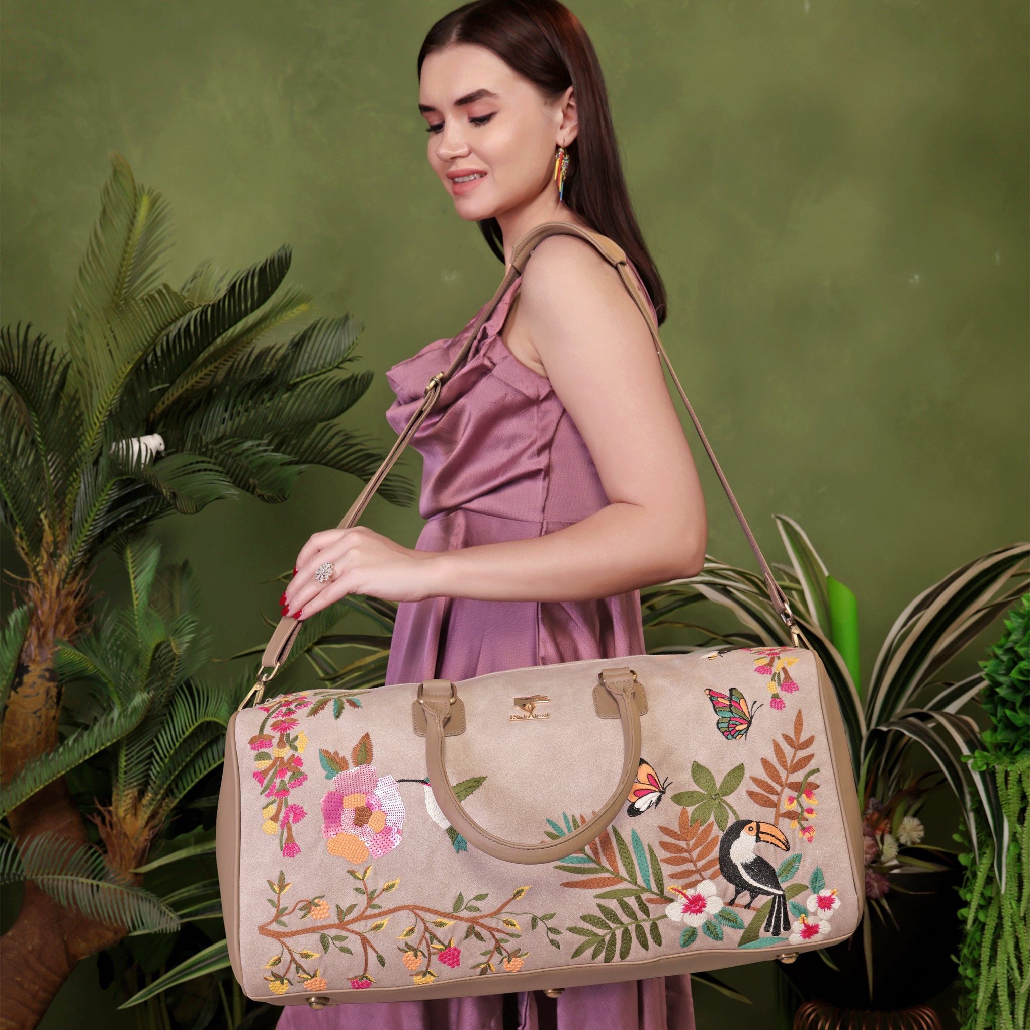 Beige Embroidery Mystic Garden Duffel Bag