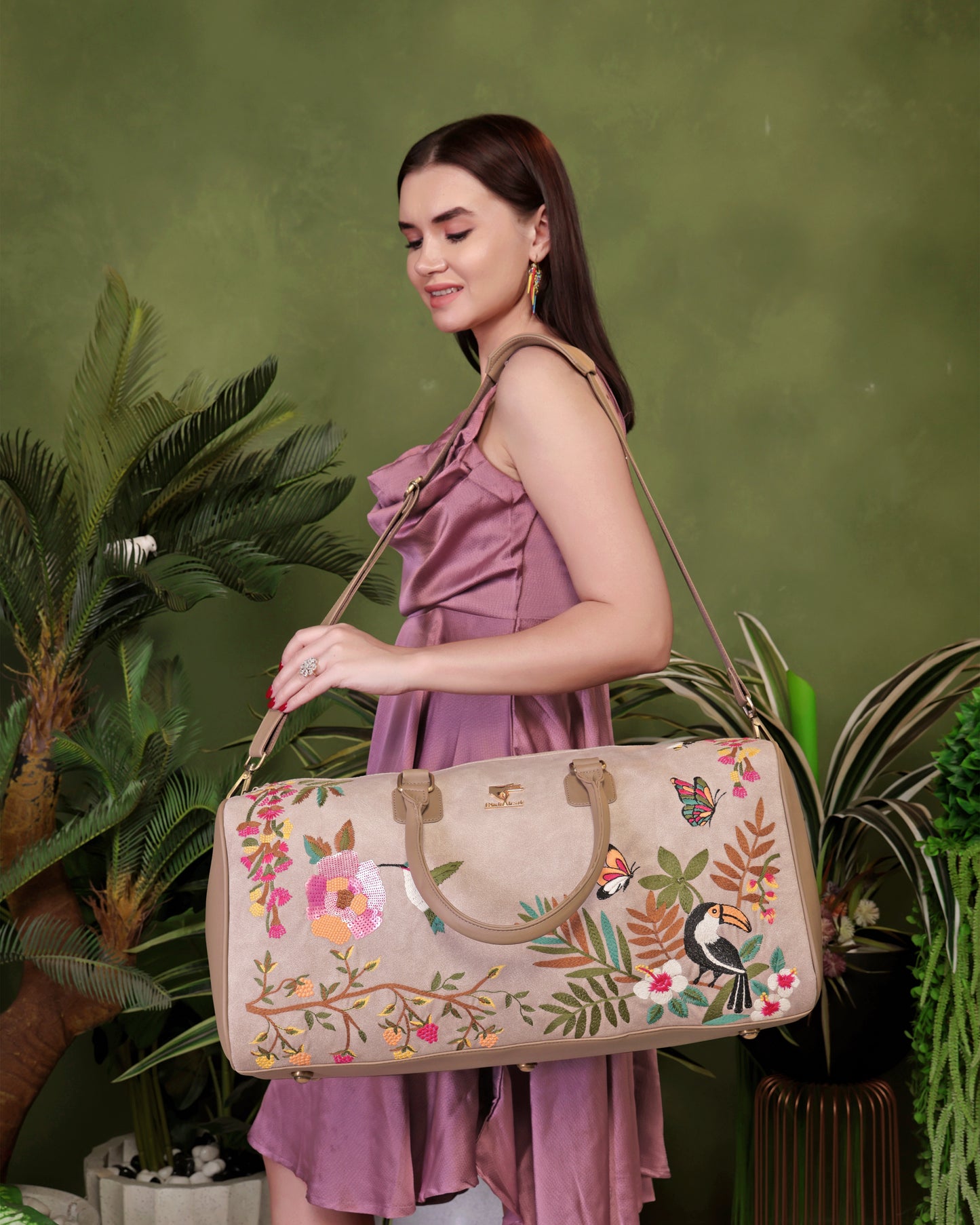 Beige Embroidery Mystic Garden Duffel Bag