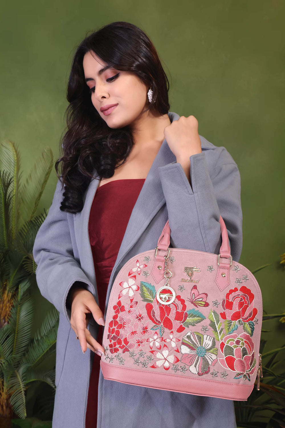 Pink embroidered wedding handbag for women in vegan leather by PickAleaf, cruelty free, for weddings, gifting and special occasions