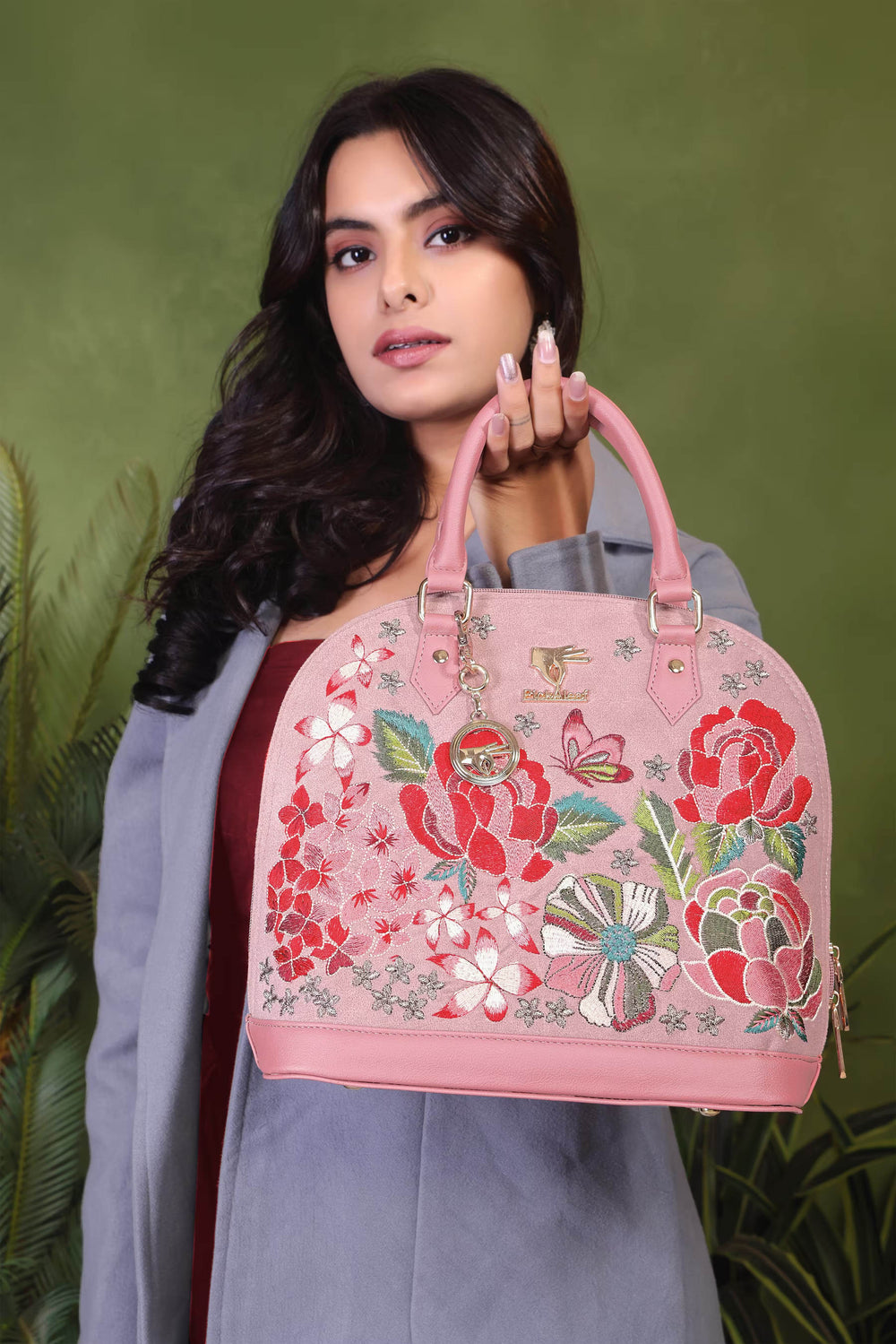 Pink embroidered wedding handbag for women in vegan leather by PickAleaf, cruelty free, for weddings, gifting and special occasions