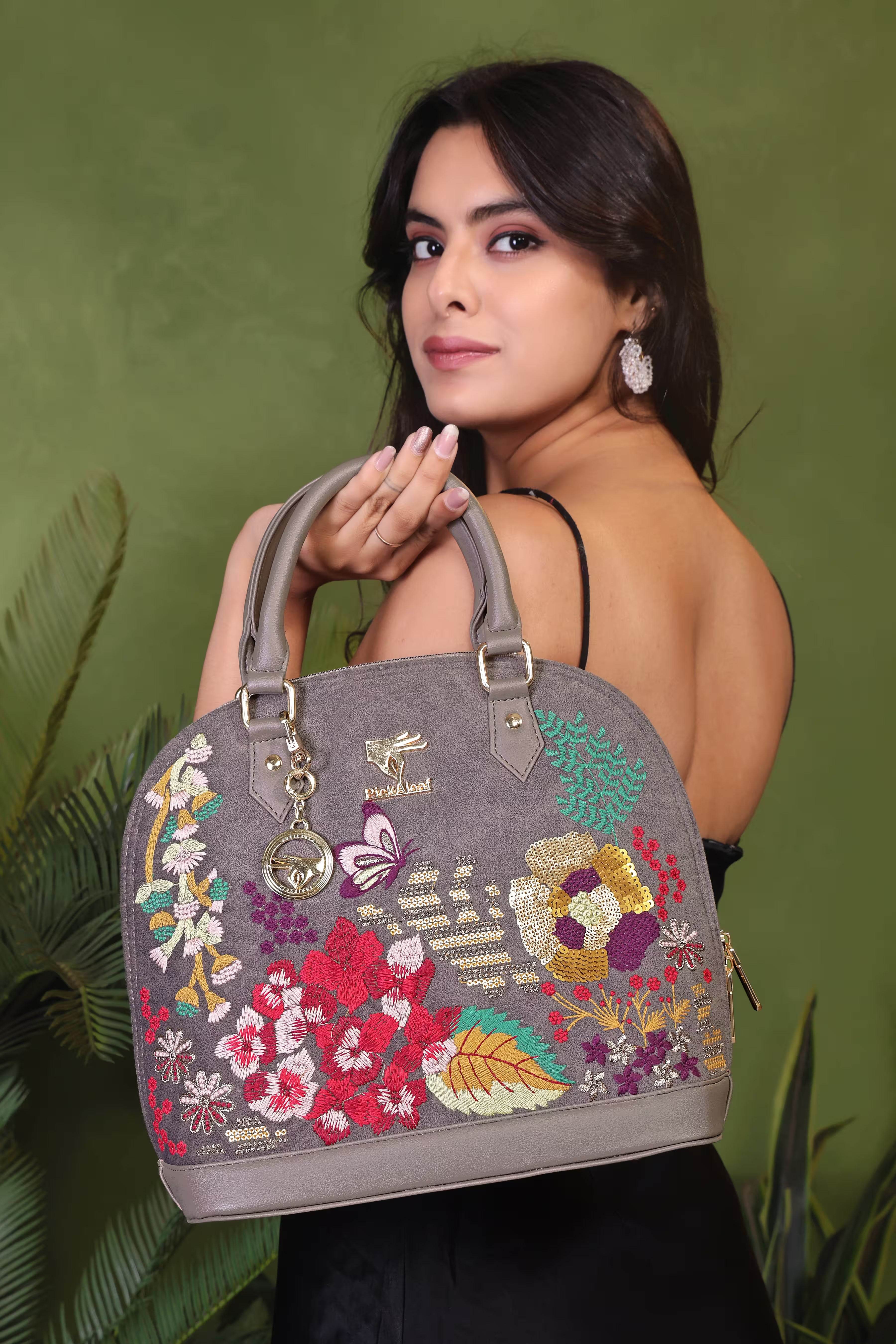 Grey embroidered small handbag for women in vegan leather by PickAleaf, cruelty free for work, meetings and formal use
