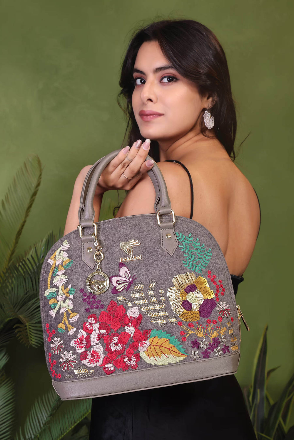 Grey embroidered small handbag for women in vegan leather by PickAleaf, cruelty free for work, meetings and formal use