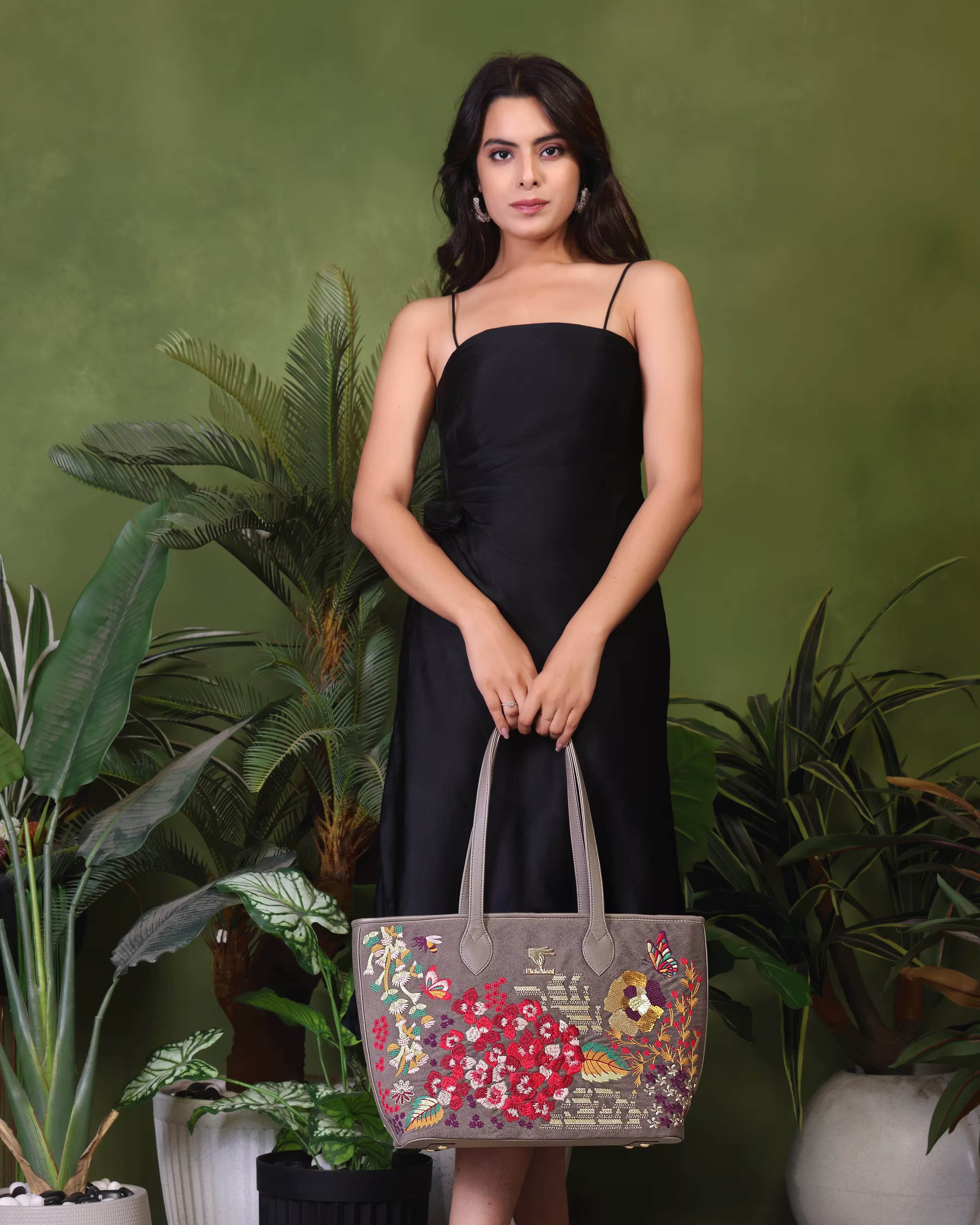 Grey laptop tote bag for women in vegan leather embroidery by PickAleaf with structured design for office, travel and daily use